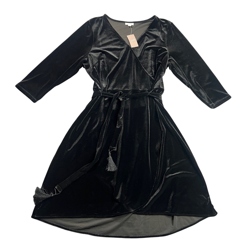 NWT J. Jill Women's Large Black Velvet‎ Wrap Dress Tassel Belt V-Neck 176421